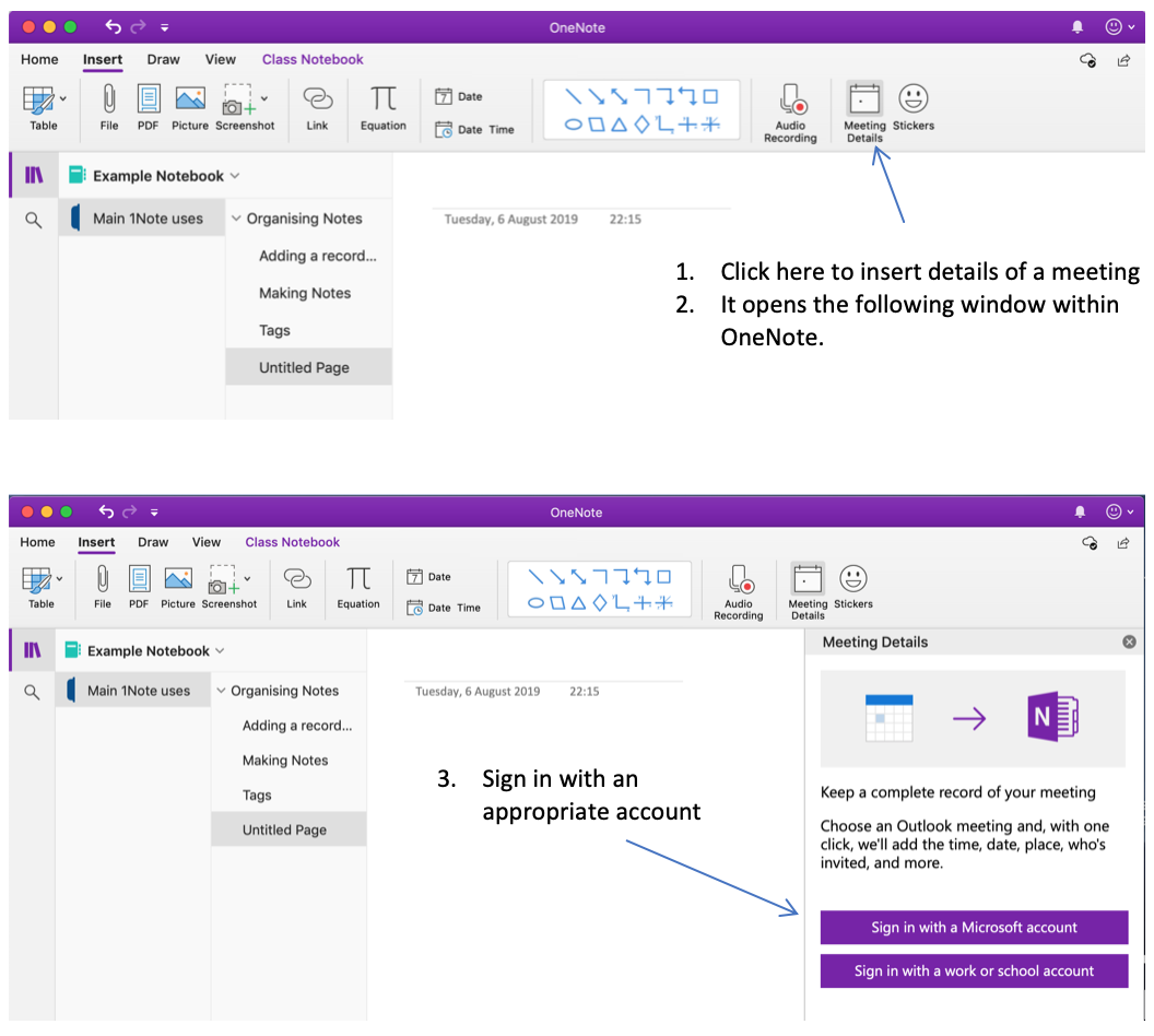 onenote for mac meeting details